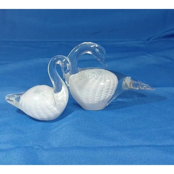 Pair FM Konstglas Marcolin Ronneby Cased Glass Swan White Feathers Paperweight - Picture 5 of 14